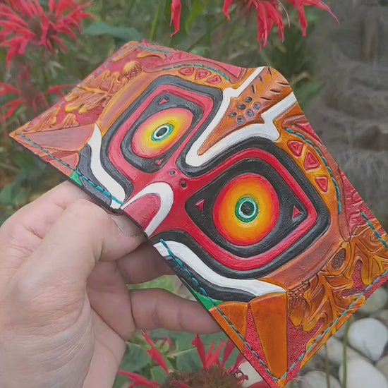Burgandy Majoras Mask leather wallet- Leather Bifold Wallet - azure thread - Handcrafted Legend of Zelda Wallet - Link Wallet