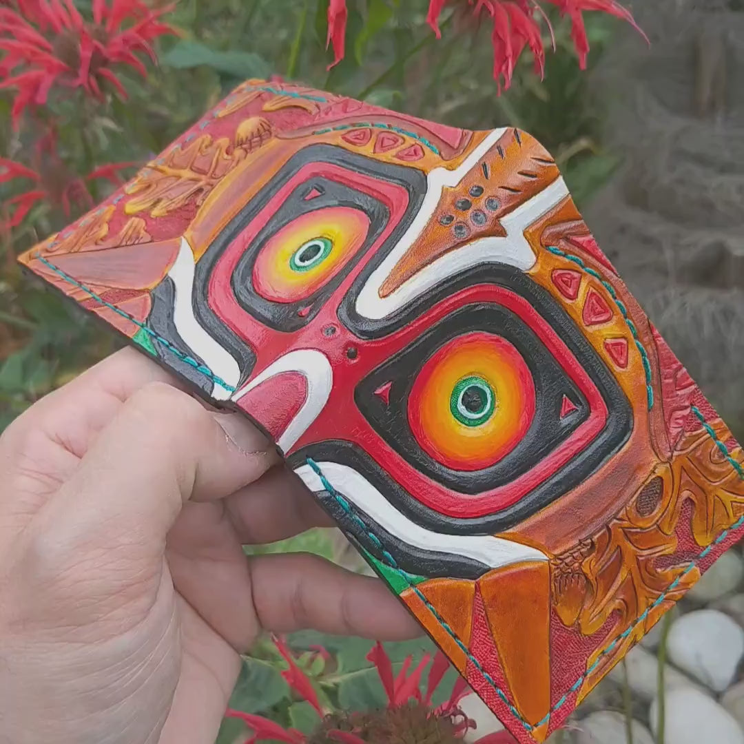 Burgandy Majoras Mask leather wallet- Leather Bifold Wallet - azure thread - Handcrafted Legend of Zelda Wallet - Link Wallet