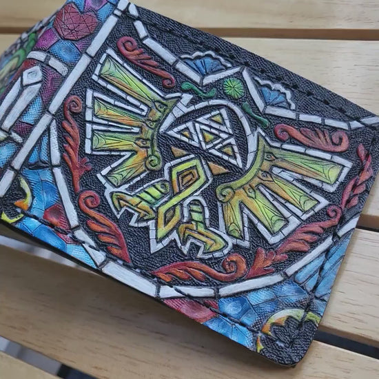 Wind Waker colorful stained glass Hyrule Crest leather wallet- Color version - Leather Bifold Wallet - Handcrafted Legend of Zelda Wallet -
