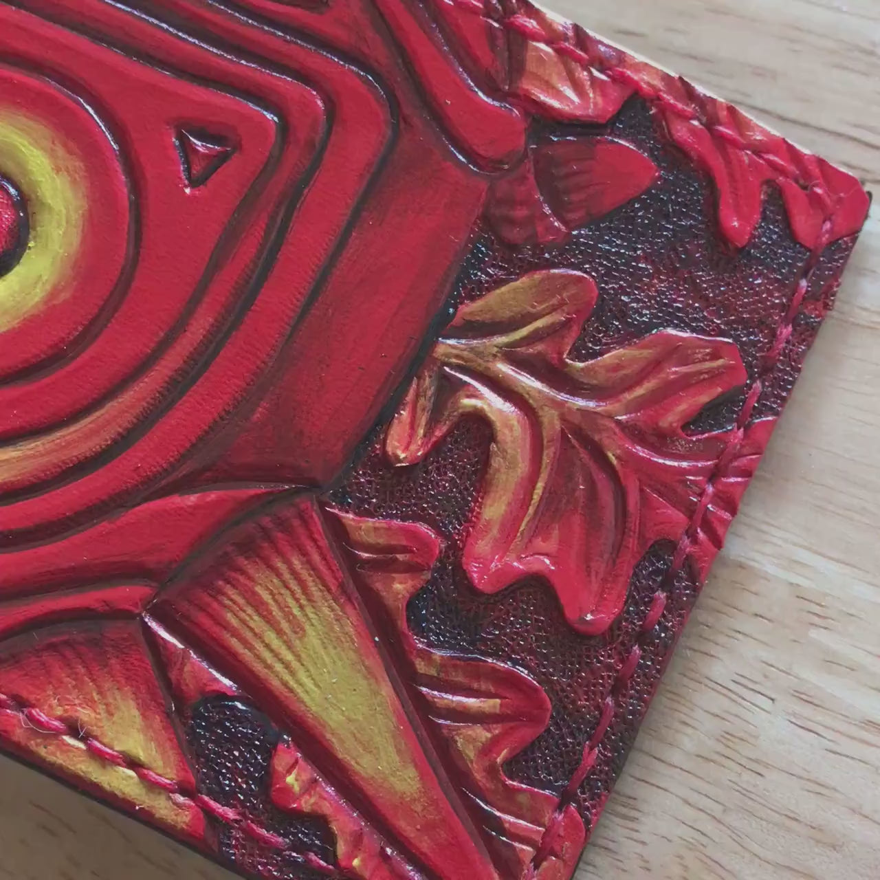 Red Oak leaf Majoras Mask leather wallet- Leather Bifold Wallet - Handcrafted Legend of Zelda Wallet - Link Wallet