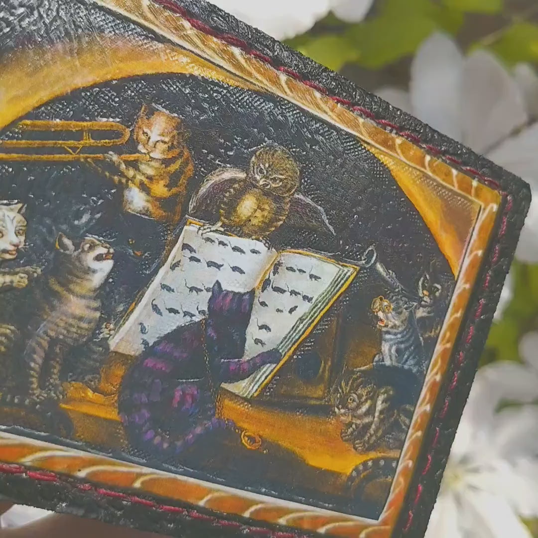Spooky medieval cats leather wallet - Marginalia medieval - Leather Bifold Wallet - Handcrafted
