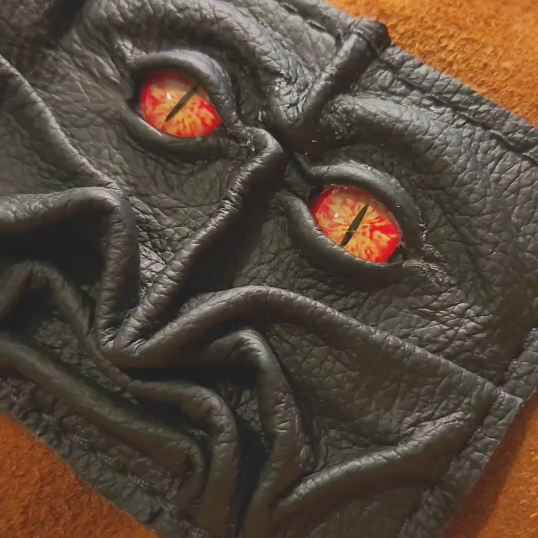 Devilish Monster Face wallet - amber eyes - Necromonicon - Oz - demon eyes - Leather wallet.