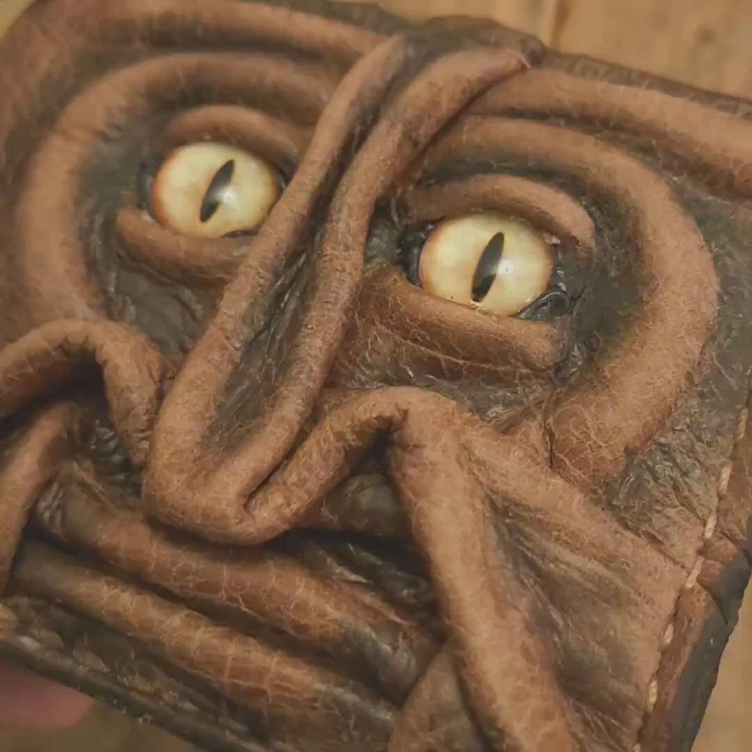 Yellow eyes Gnome King leather wallet - Necromonicon - Oz - demon eyes - monster face -