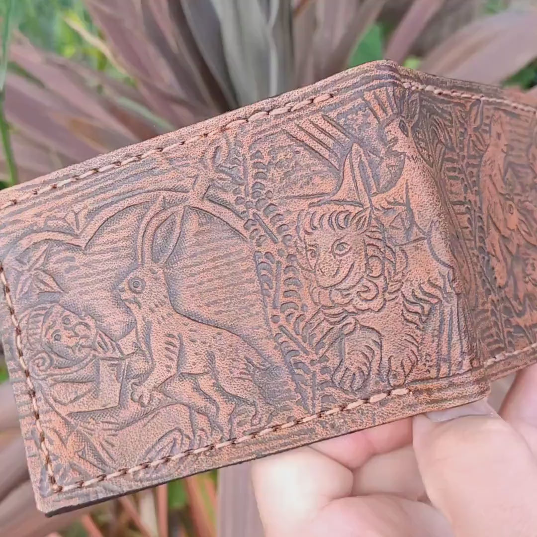 Marginalia medieval party - rabbits cats and snail v1 - leather wallet- Dark Brown and ivory colour - Leather Bifold Wallet - Handcrafted
