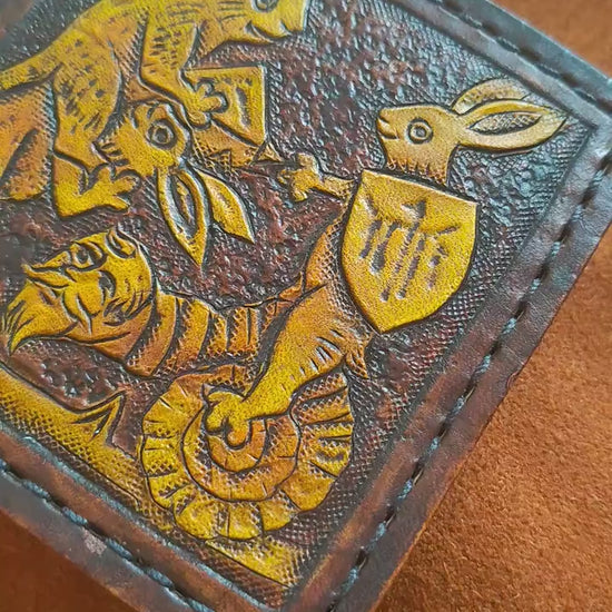 Marginalia medieval rabbit jousting - leather wallet- Dark Brown and ivory colour - Leather Bifold Wallet - Handcrafted