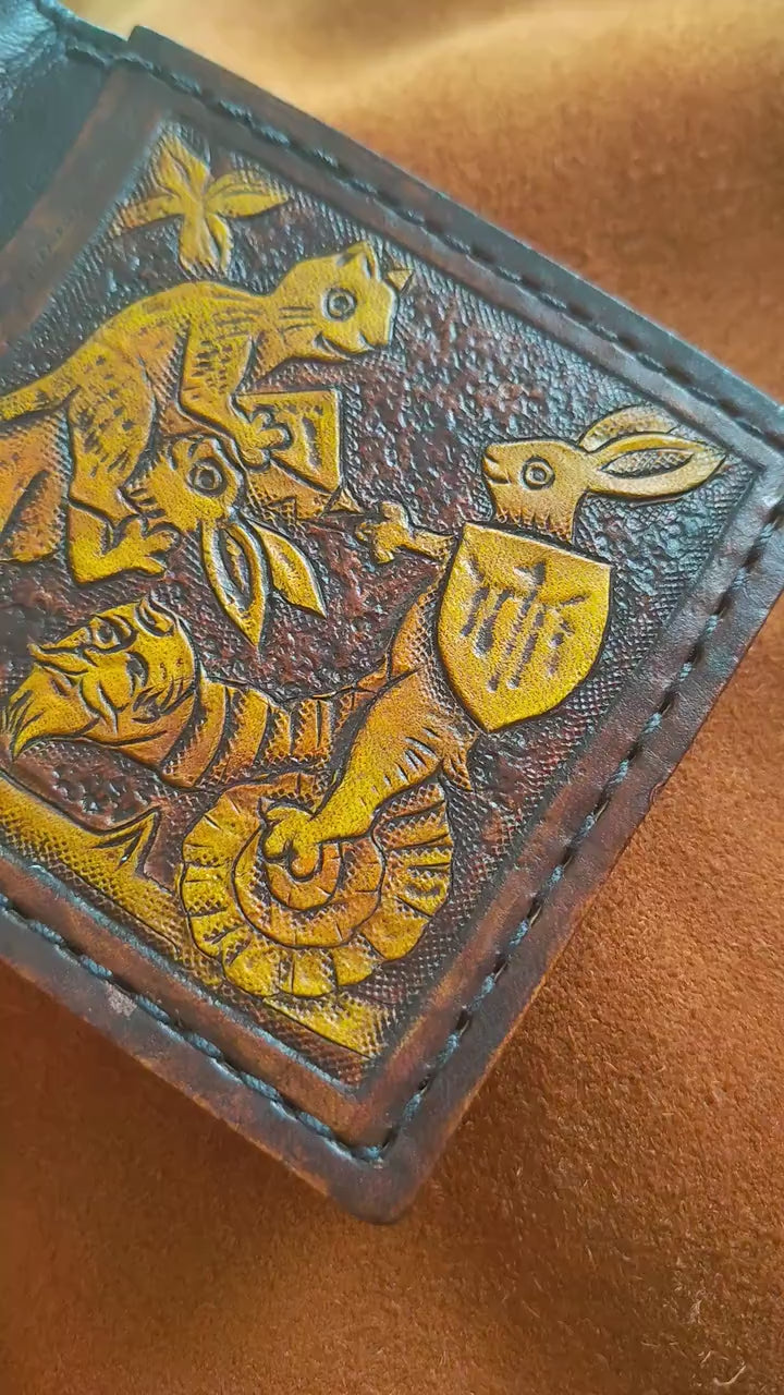 Marginalia medieval rabbit jousting - leather wallet- Dark Brown and ivory colour - Leather Bifold Wallet - Handcrafted