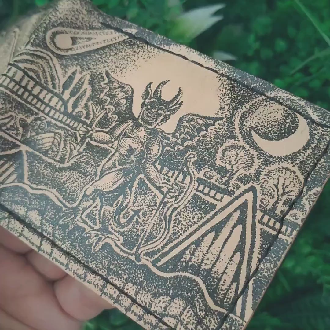 Halloween Devil and Skeleton - leather wallet- medieval - Leather Bifold Wallet - Handcrafted