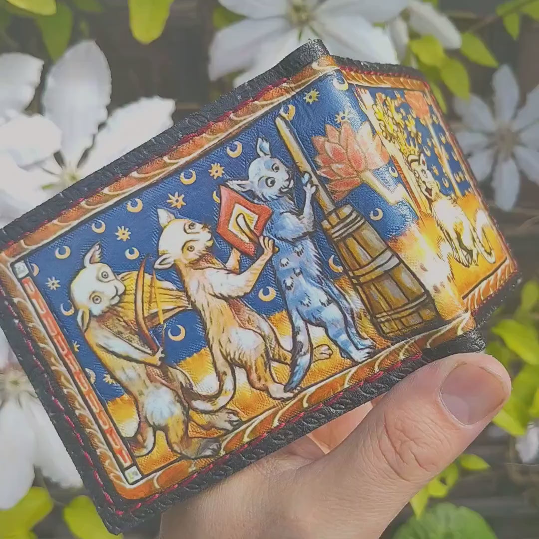Song of the Cat King 3 night - Marginalia medieval  - leather wallet- Dark Brown and ivory colour - Leather Bifold Wallet - Handcrafted