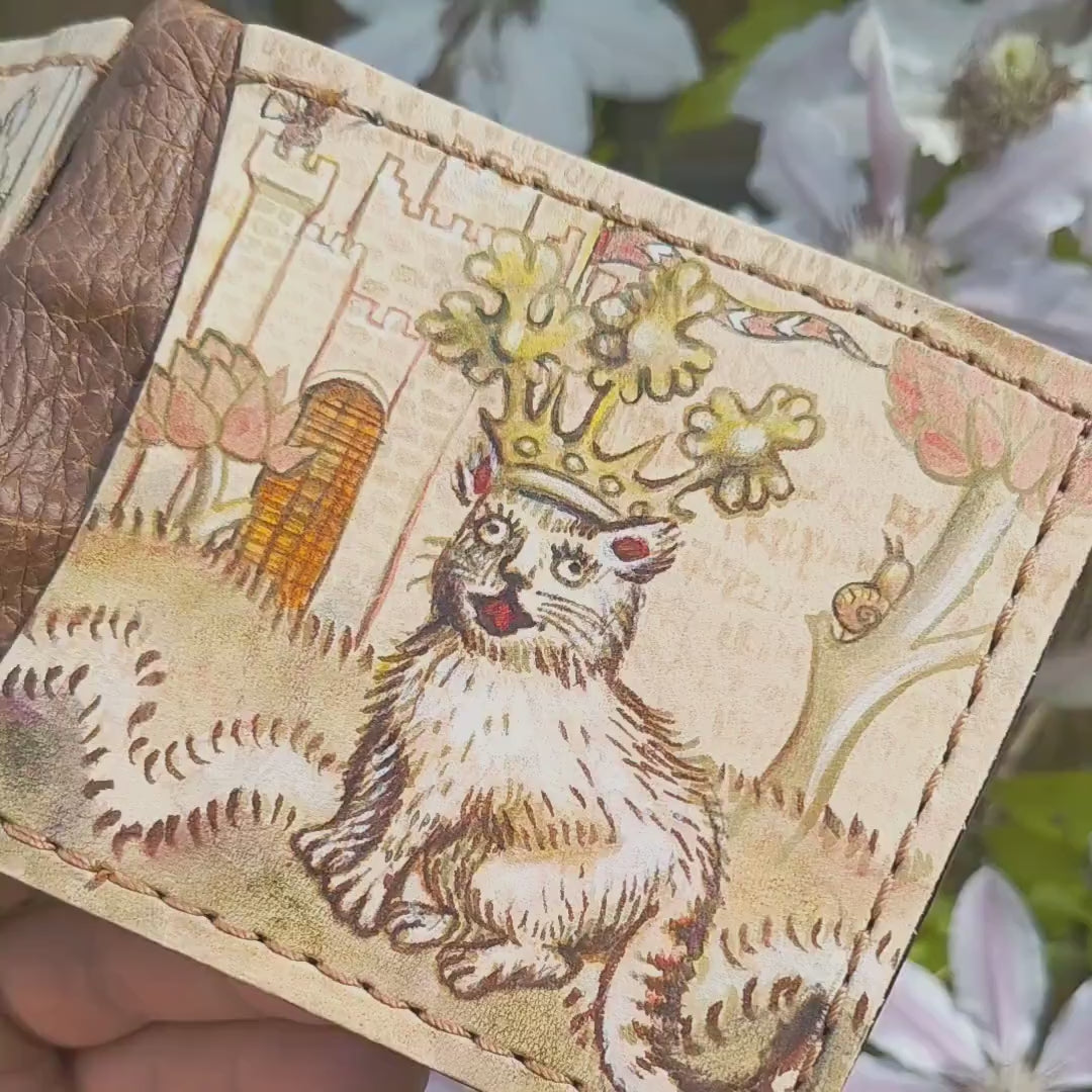 Song of the Cat King - Marginalia medieval  - leather wallet- Dark Brown and ivory colour - Leather Bifold Wallet - Handcrafted