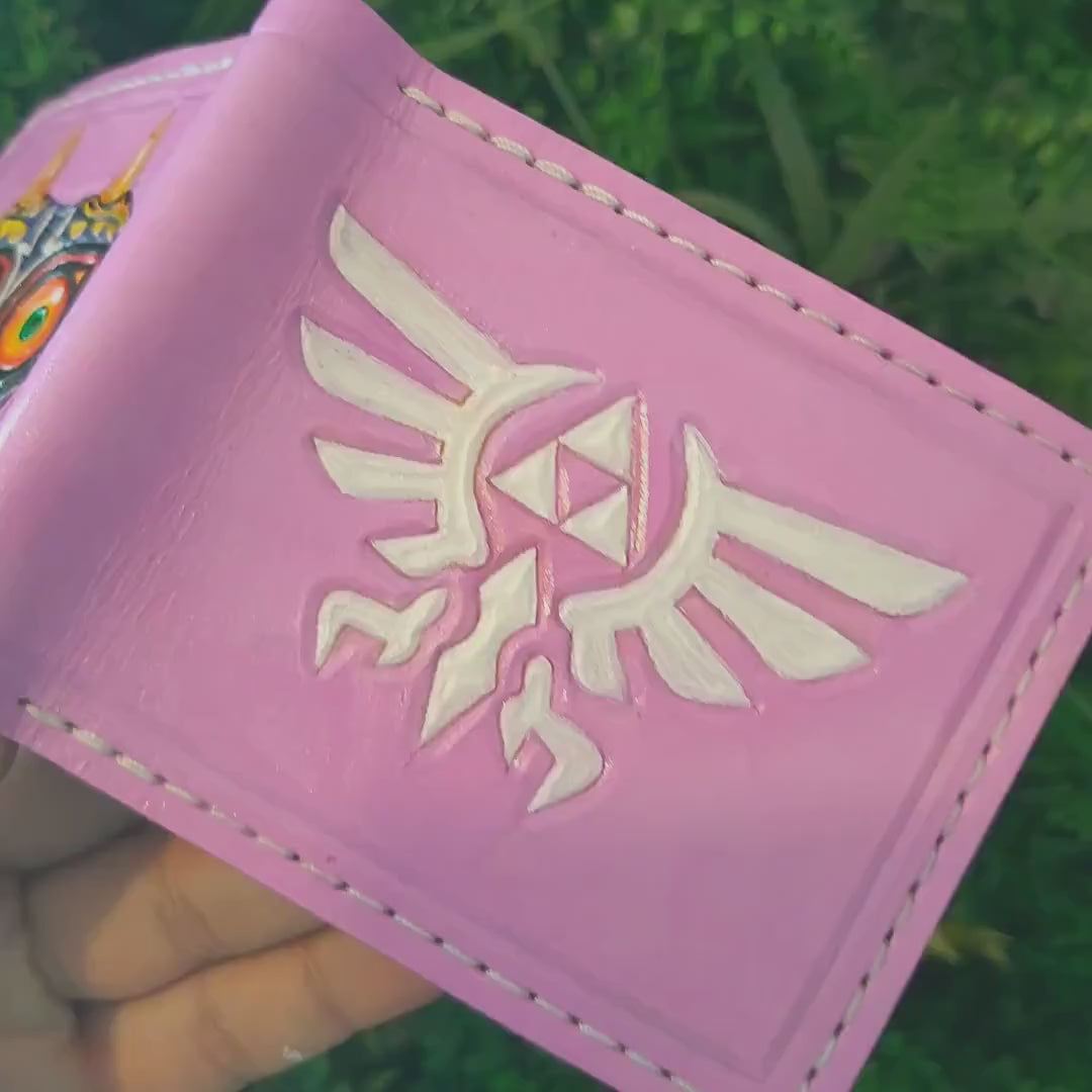 Majoras mask Hyrule Lavander leather wallet- Bifold Wallet - Handcrafted Legend of Zelda Wallet -