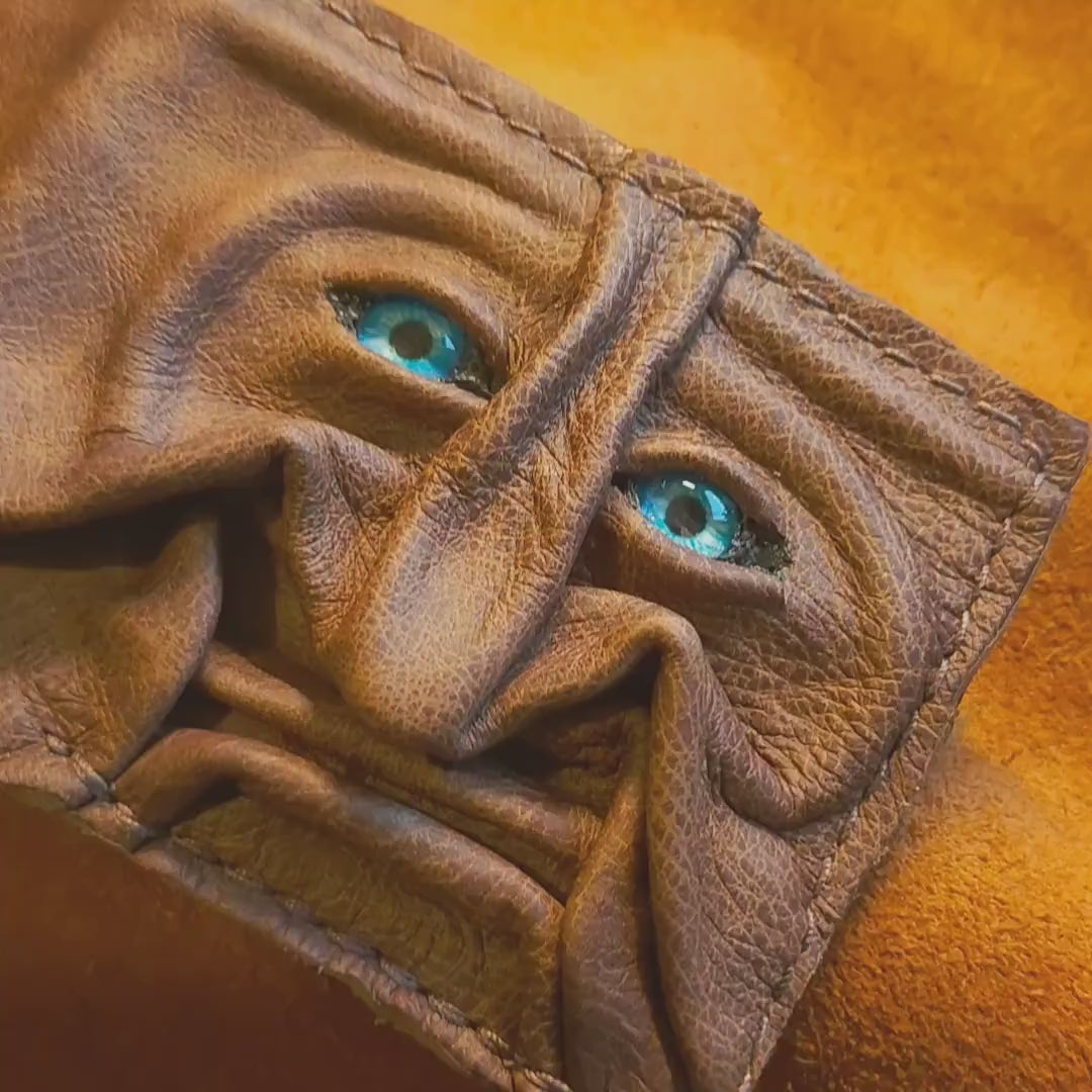 Monster face - crackled brown version - Necromonicon - Oz - demon eyes - monster face - Leather wallet.