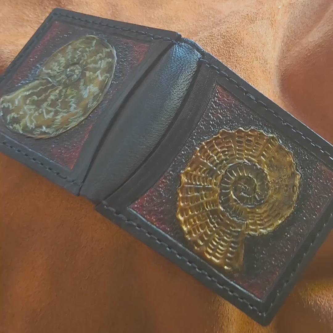 Ammonite Fossil - Leather Bifold Wallet - you choose mettalic gold, brown or black for the fossil -