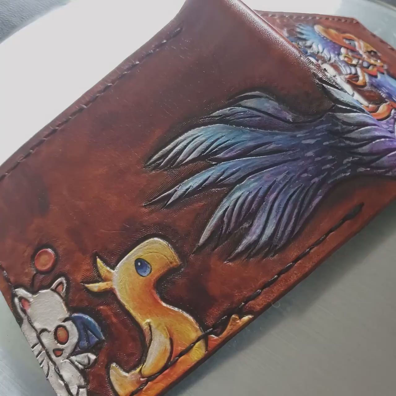 Chocobo and baby, Mog and moogle messenger - dark brown Leather Bifold Wallet - Handcrafted Final Fantasy 14 inspired Wallet -