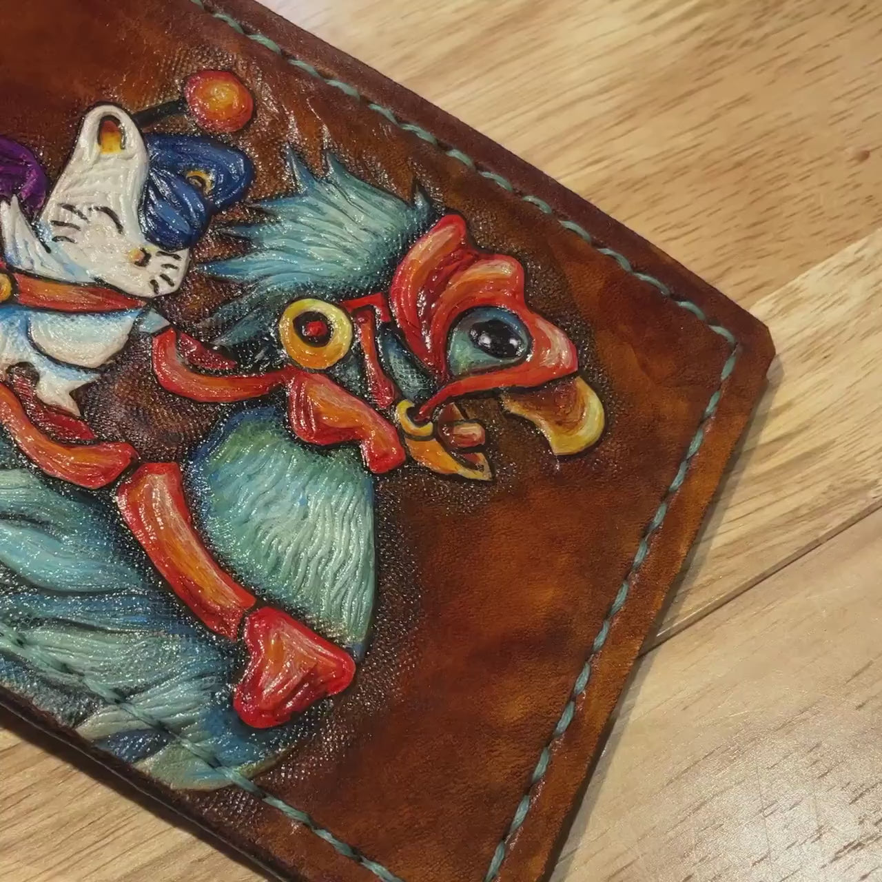 Chocobo and baby, Mog and moogle messenger - cerulean - dark brown Leather Bifold Wallet - Handcrafted Final Fantasy 14 inspired Wallet -
