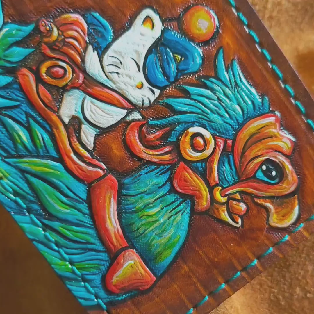 Chocobo and baby, Mog and moogle messenger - meadow green  - Handcrafted Final Fantasy 14 inspired Wallet -