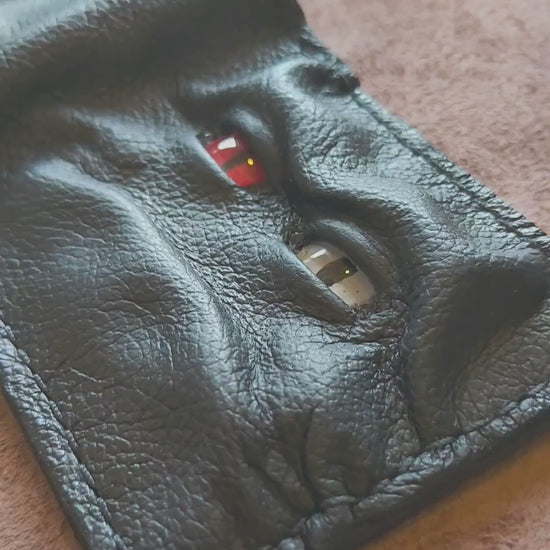 Grumpy red white eyed horned monster face - demon eyes - Leather wallet.