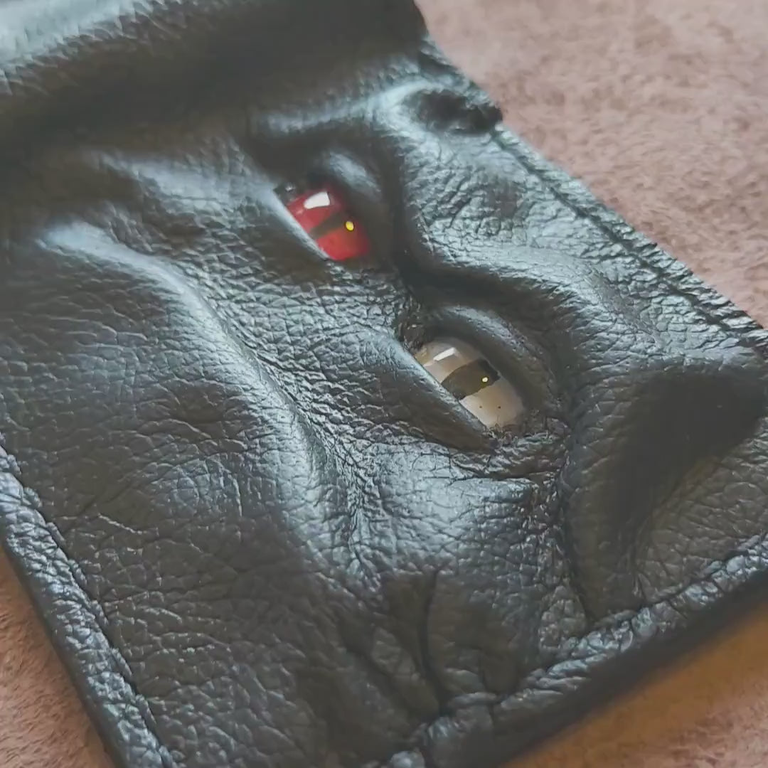 Grumpy red white eyed horned monster face - demon eyes - Leather wallet.