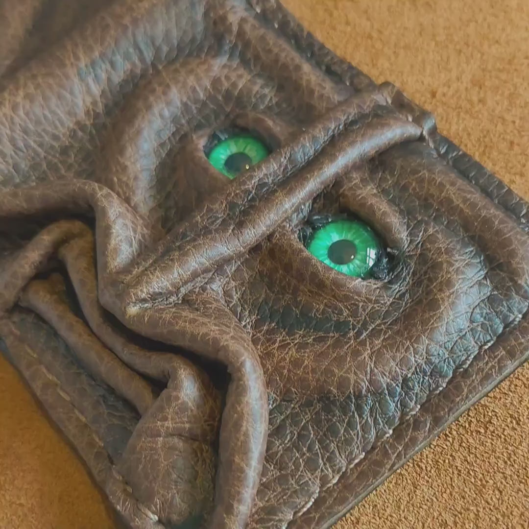 Gnome King -Green eyes brown version - Necromonicon - Oz - demon eyes - monster face - Leather wallet.