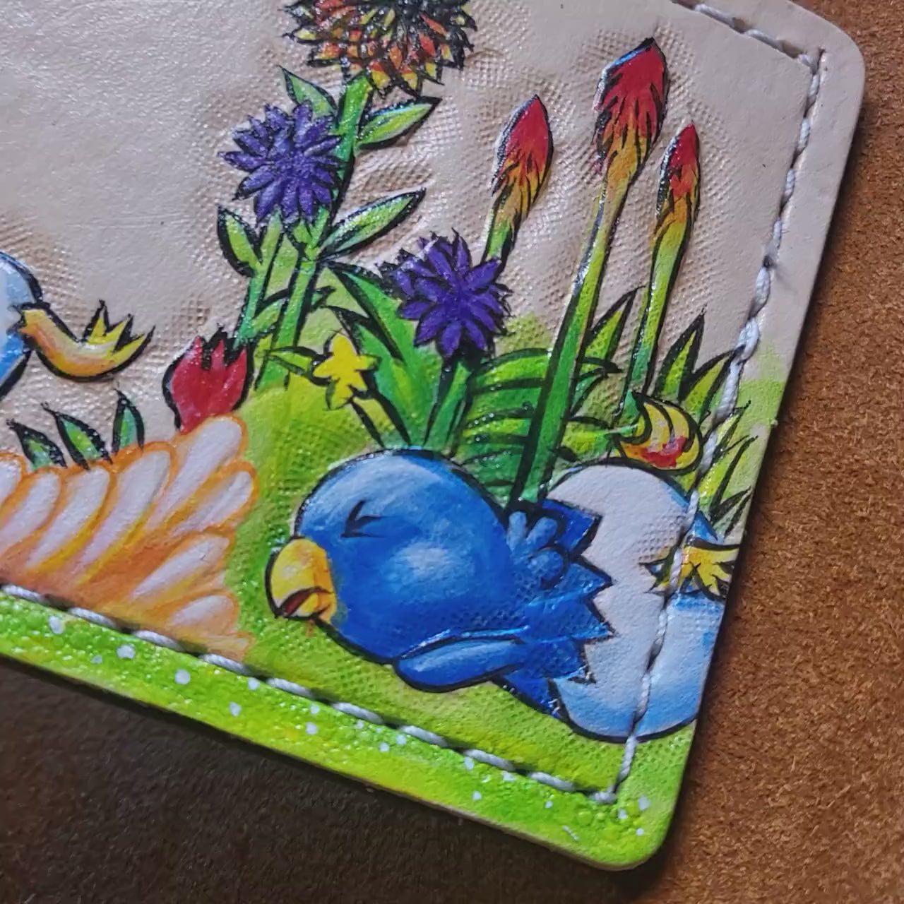 Chocobo Chick March yellow red black blue version - Tan Leather Bifold Wallet - Handcrafted Final Fantasy inspired Wallet - baby