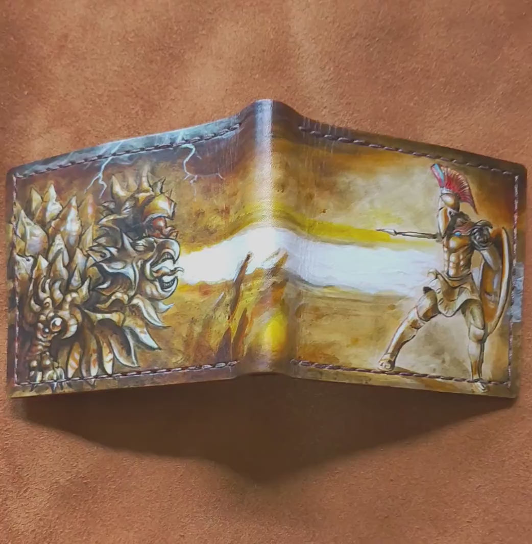 Spartan warrior and dragon Leather Bifold Wallet