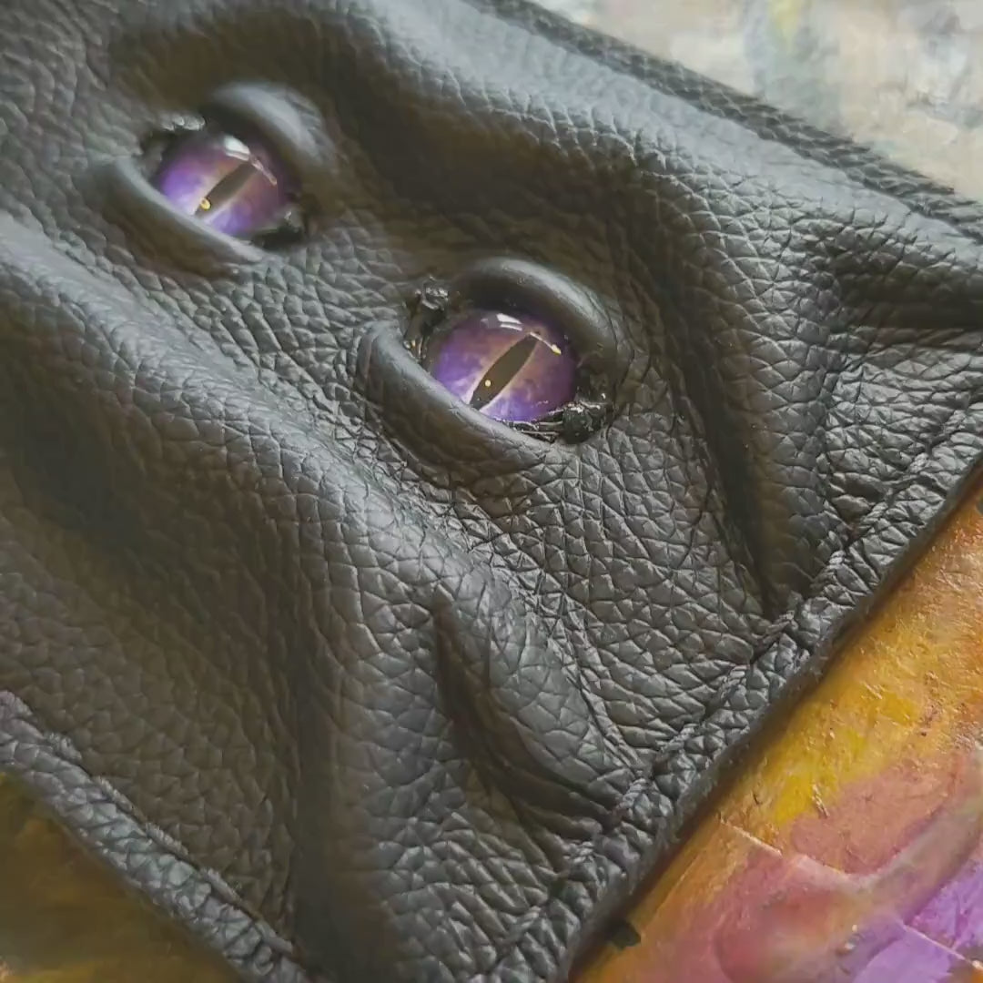 Purple eyes Grumpy Schmuggle face leather wallet - Necromonicon - demon eyes - Leather wallet.