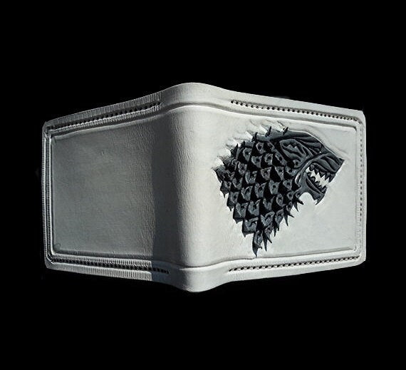 White Stark Wolf leather wallet- Leather Bifold Wallet - Handcrafted Game of Thrones inspired Wallet -