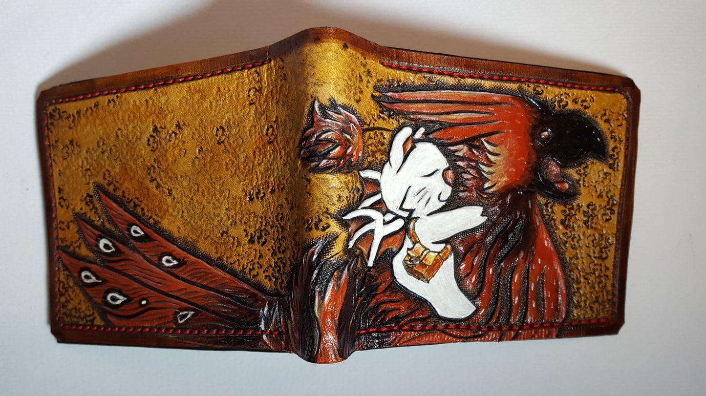 Red Chocobo Rider - Leather Bifold Wallet - Handcrafted Final Fantasy inspired Wallet -