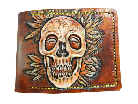 Day of the Dead Skull - Leather Bifold Wallet - Handcrafted Skull Wallet -