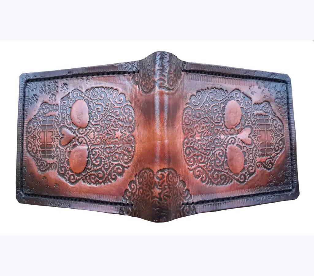 Day of the Dead Skulls - Leather Bifold Wallet - Handcrafted Skull Wallet -
