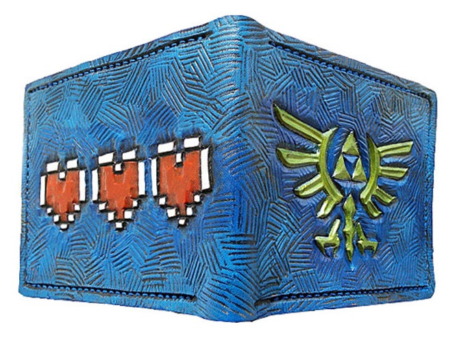 Blue Hyrule crest and heart containers leather wallet- Leather Bifold Wallet - Handcrafted Legend of Zelda Wallet - Link Wallet