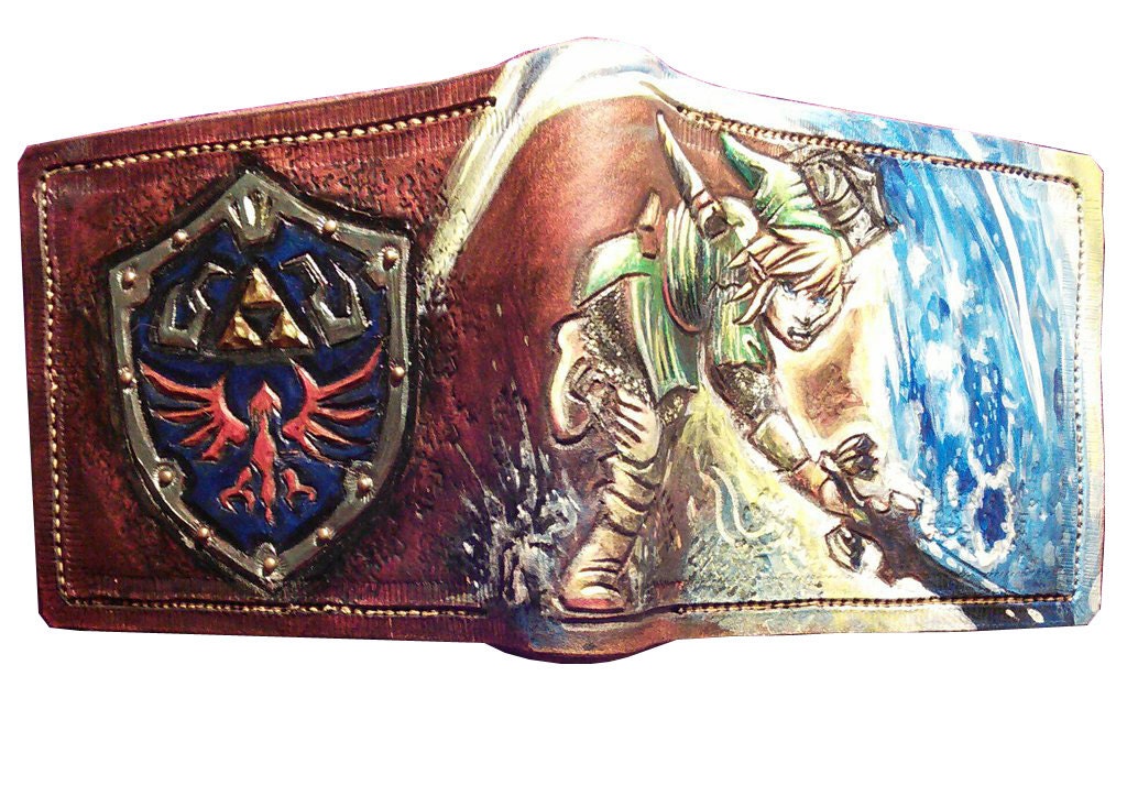 Powered up Sword Hyrule shield leather wallet- Leather Bifold Wallet - Handcrafted Legend of Zelda Wallet - Link Wallet