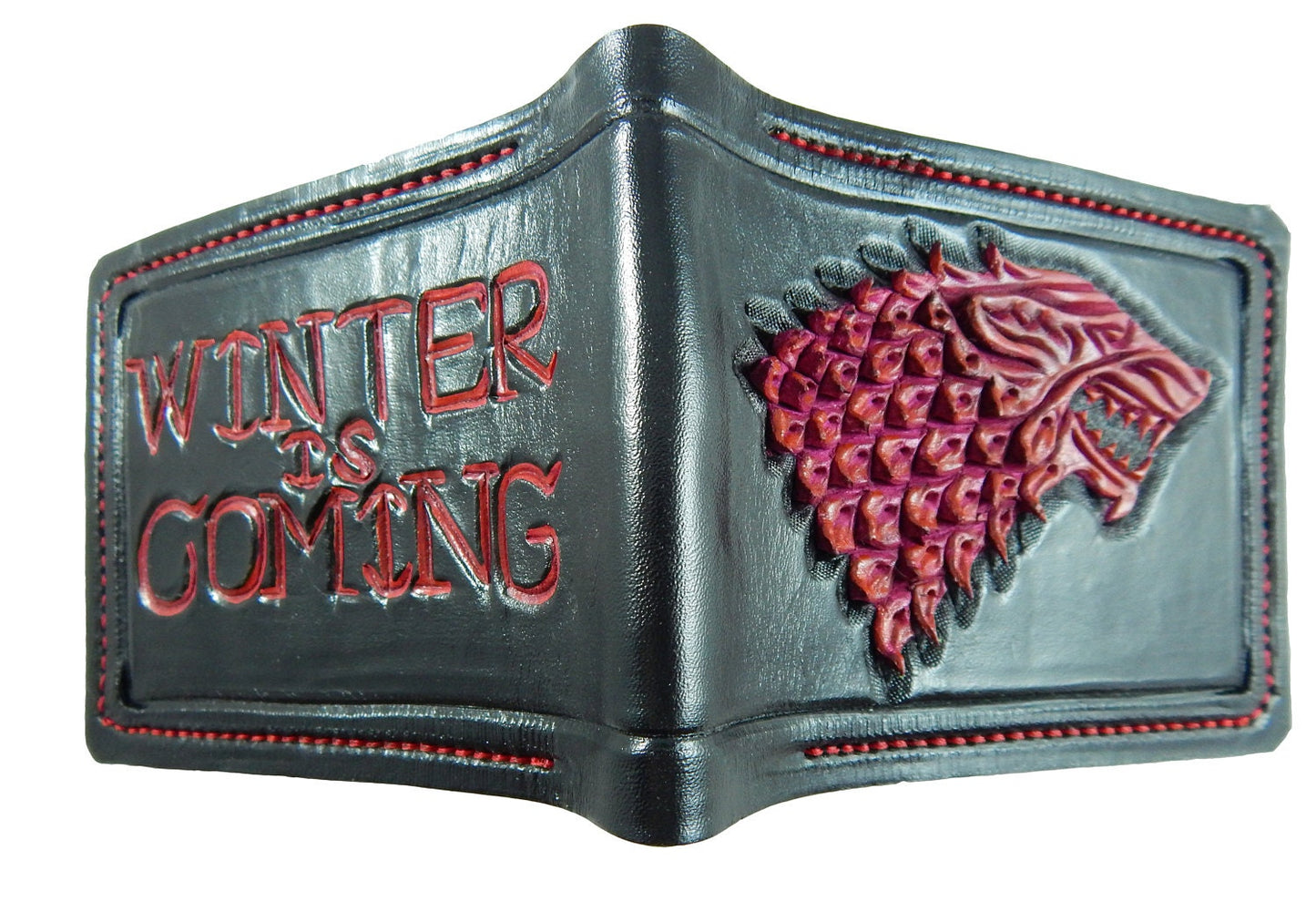 Red Stark Wolf leather wallet- Leather Bifold Wallet - Handcrafted Game of Thrones inspired Wallet -