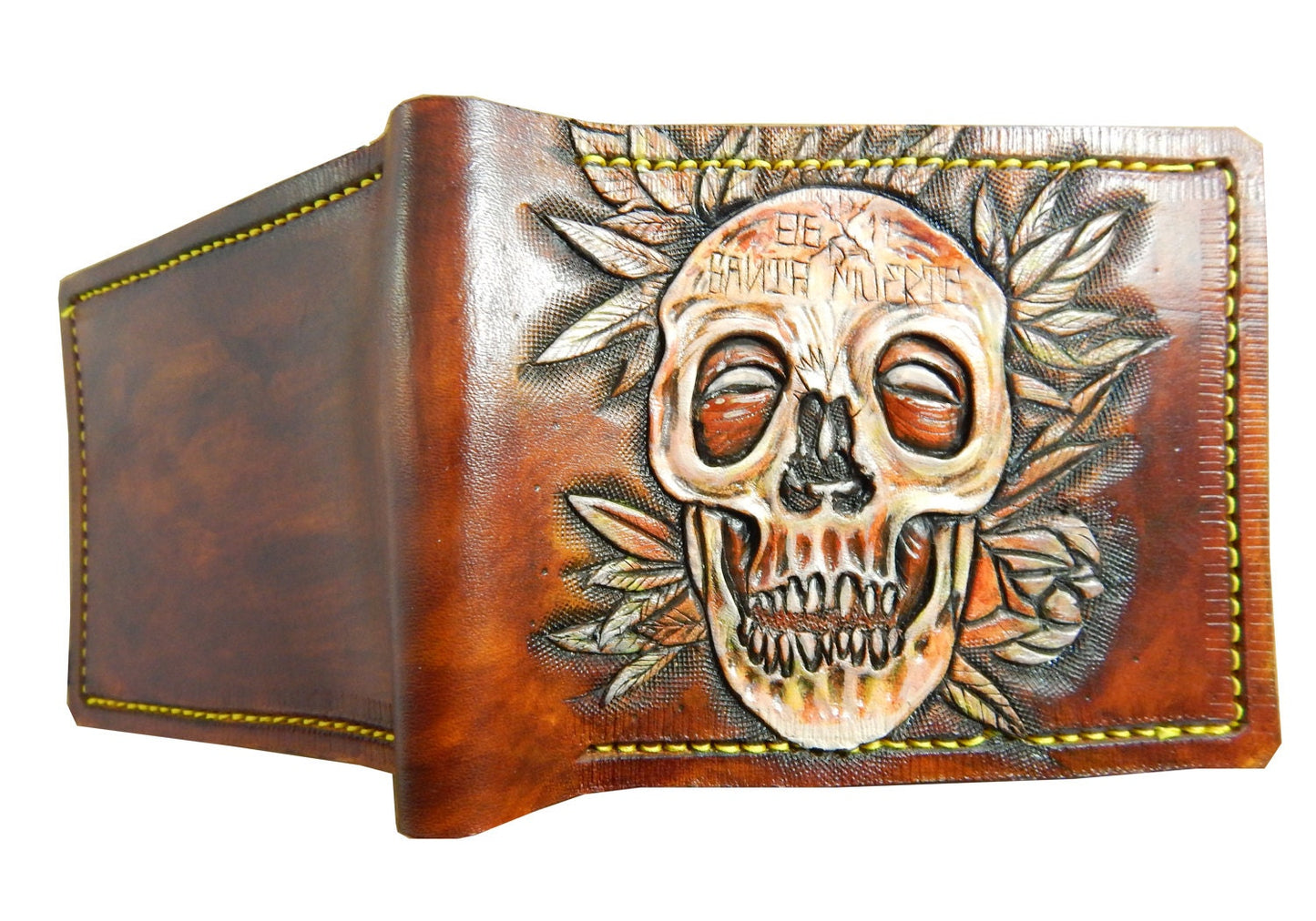 Day of the Dead Skull - Leather Bifold Wallet - Handcrafted Skull Wallet -