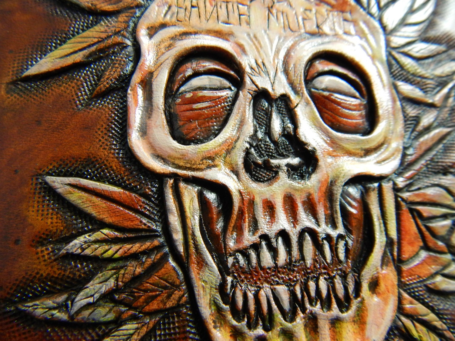 Day of the Dead Skull - Leather Bifold Wallet - Handcrafted Skull Wallet -