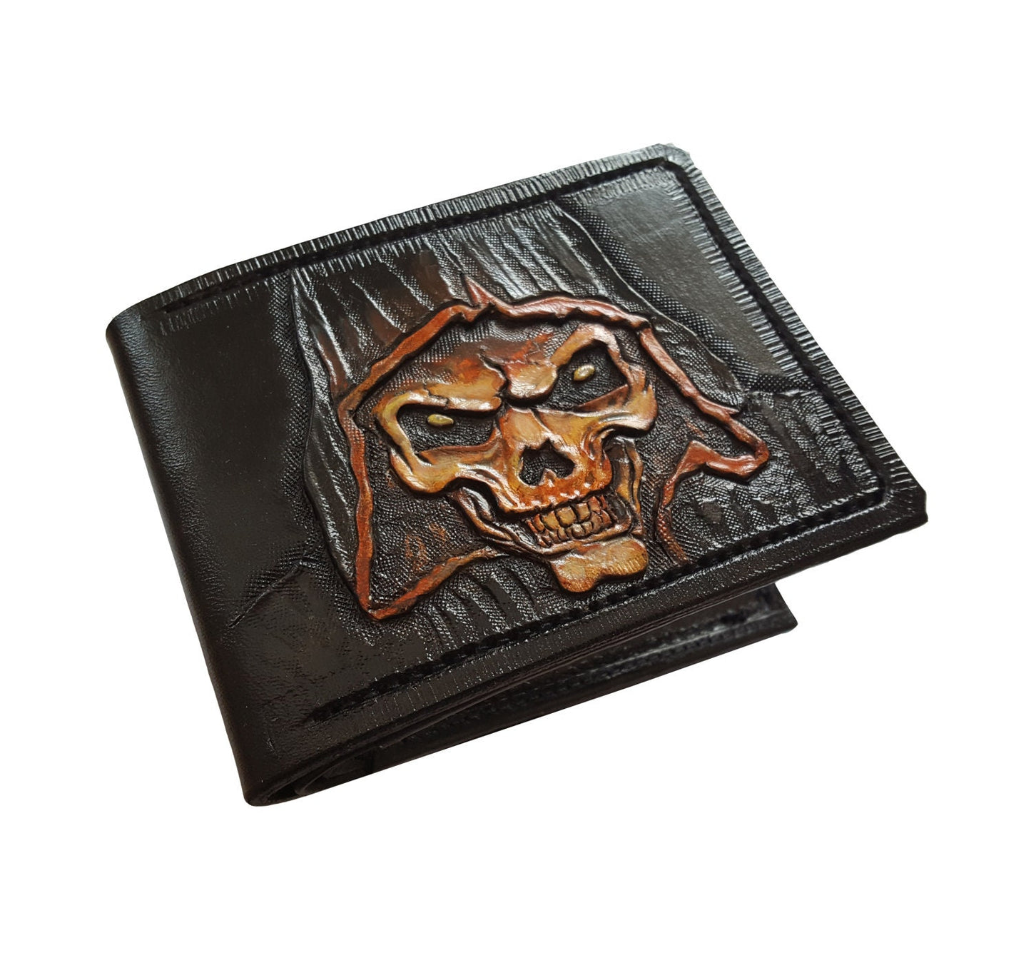 Grim Reaper - Leather Bifold Wallet - Handcrafted Skull Wallet -