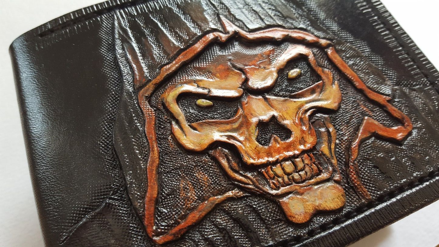 Grim Reaper - Leather Bifold Wallet - Handcrafted Skull Wallet -
