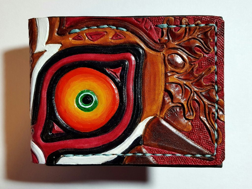 Burgandy Majoras Mask leather wallet- Leather Bifold Wallet - azure thread - Handcrafted Legend of Zelda Wallet - Link Wallet