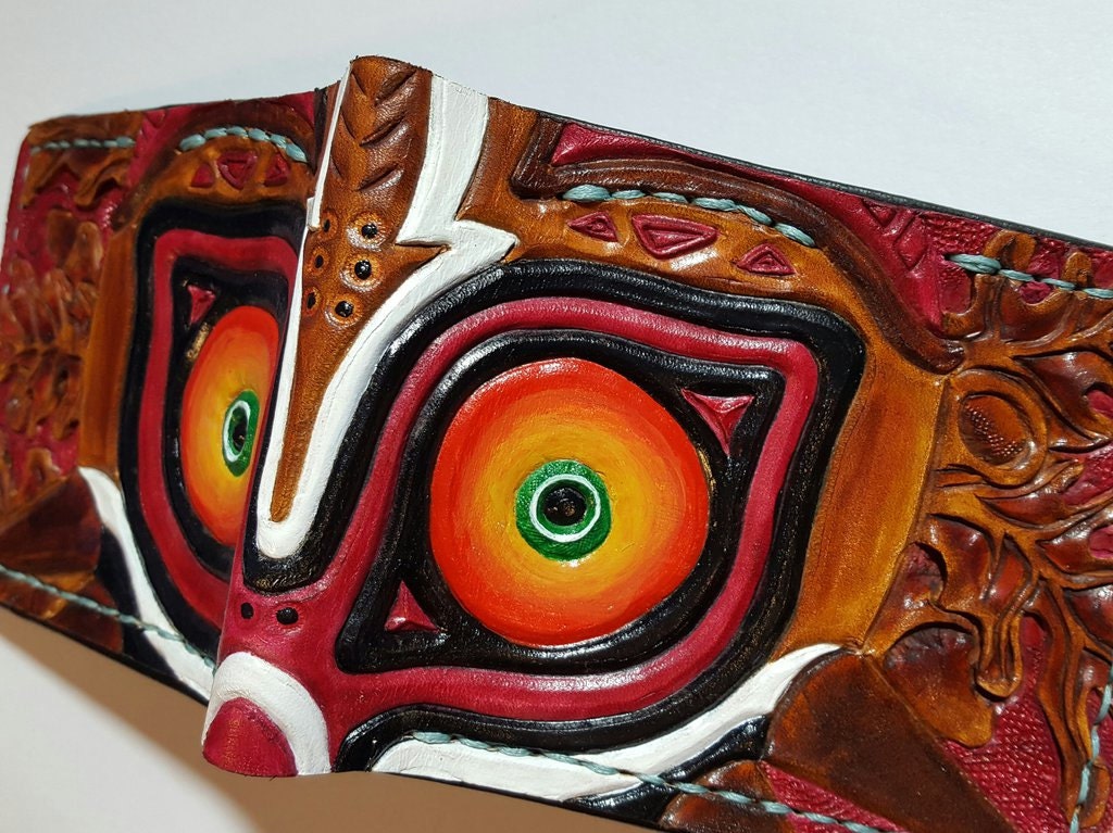 Burgandy Majoras Mask leather wallet- Leather Bifold Wallet - azure thread - Handcrafted Legend of Zelda Wallet - Link Wallet