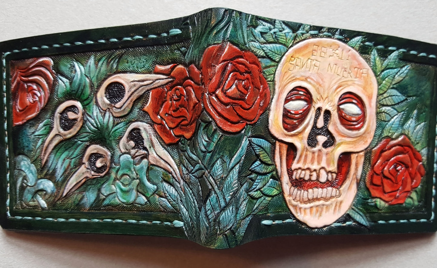 Green Crow Skull and roses - Leather Bifold Wallet - Handcrafted Skull Wallet -