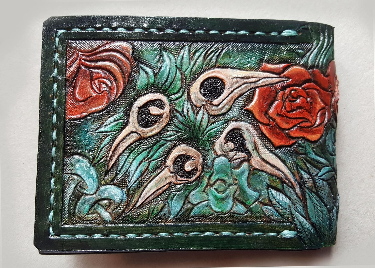 Green Crow Skull and roses - Leather Bifold Wallet - Handcrafted Skull Wallet -