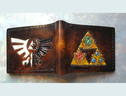 Triforce and Holy Relics - dark light link - leather wallet- Leather Bifold Wallet - Handcrafted Legend of Zelda Wallet - Link Wallet
