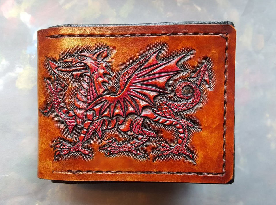 Welsh Dragon - Leather Bifold Wallet - Handcrafted Skull Wallet -