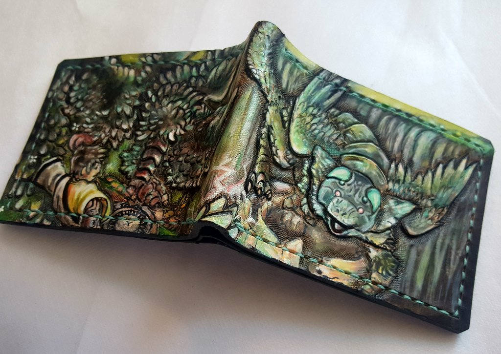 Trico the last guardian inspired Leather Bifold Wallet - Handcrafted Wallet - carved - painted