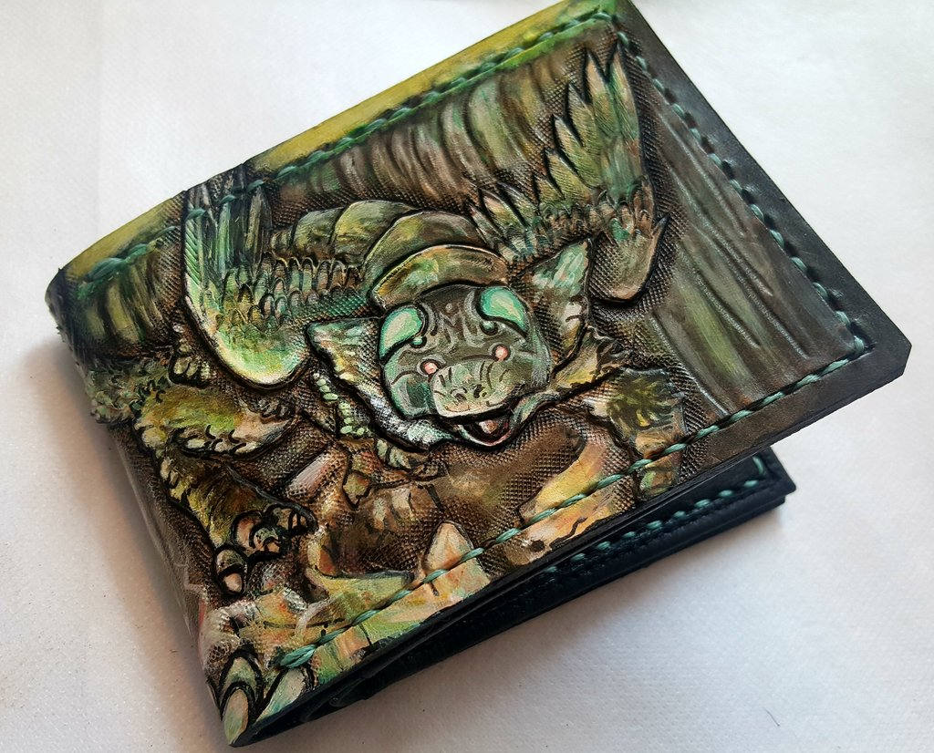 Trico the last guardian inspired Leather Bifold Wallet - Handcrafted Wallet - carved - painted