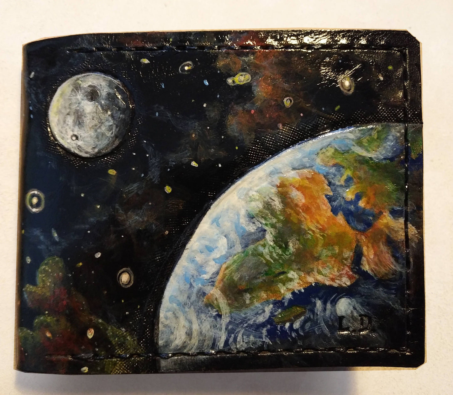 Outer Space - Earth - Sun - Moon -Leather Bifold Wallet - Handcrafted Wallet -