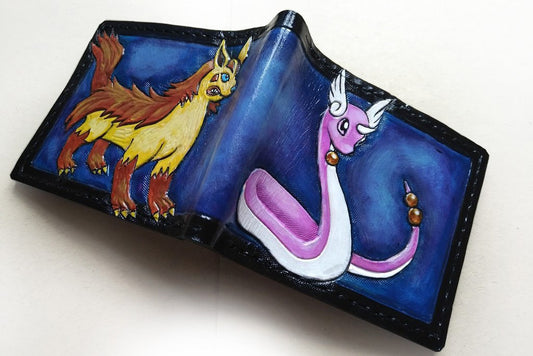 Shiny Dragonair and Mightyena - Leather Bifold Wallet - Handcrafted Wallet -