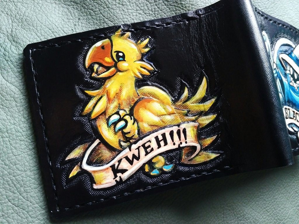 Gold Chocobo and Black Mage - dark brown Leather Bifold Wallet - Handcrafted Final Fantasy inspired Wallet -
