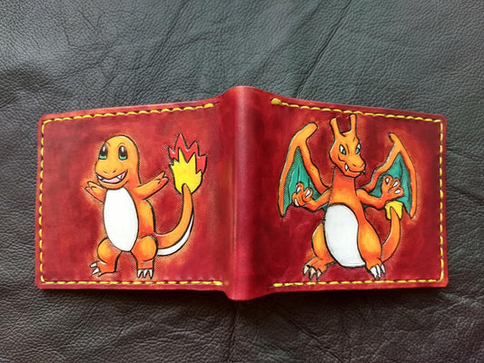 Charmander and Charizard - Leather Bifold Wallet - Handcrafted Wallet -