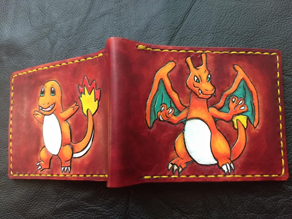 Charmander and Charizard - Leather Bifold Wallet - Handcrafted Wallet -