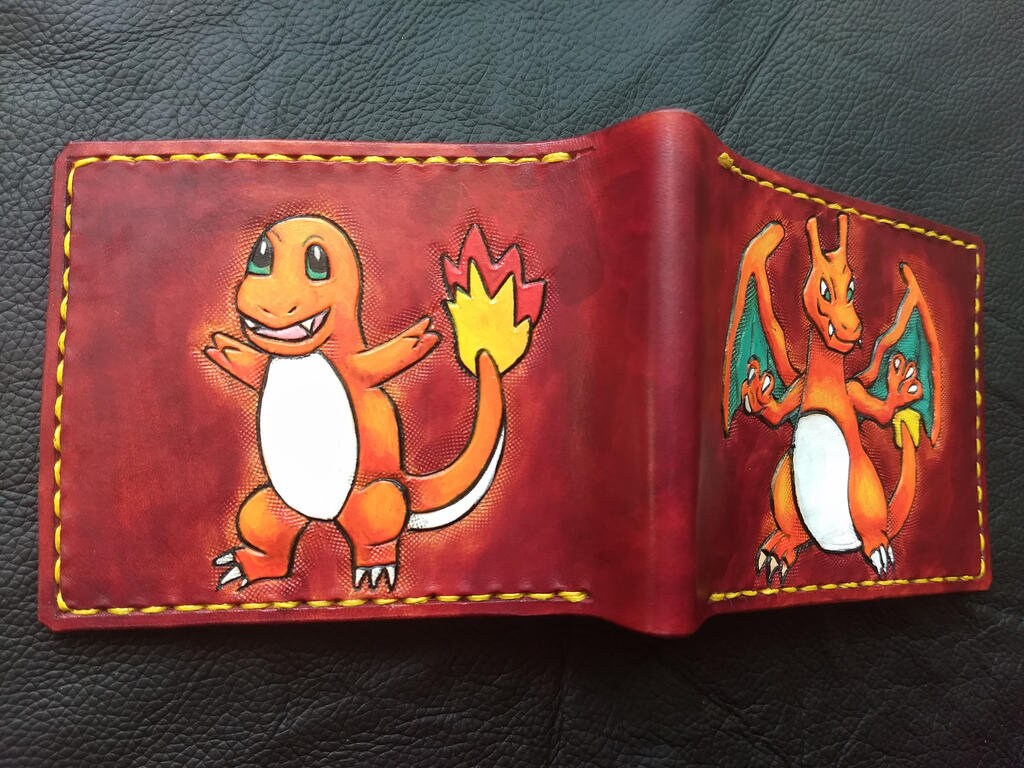 Charmander and Charizard - Leather Bifold Wallet - Handcrafted Wallet -